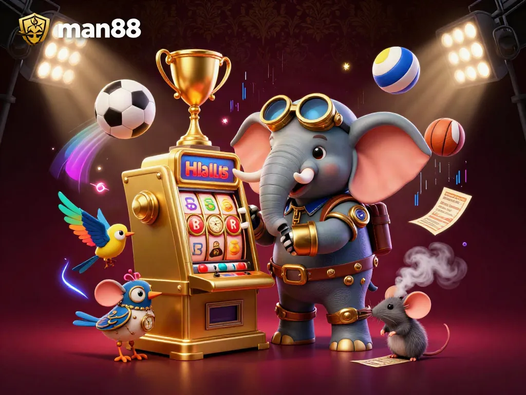 Engage with the thrilling world of man88 as a steampunk elephant operates a golden slot machine amidst dynamic sports balls.