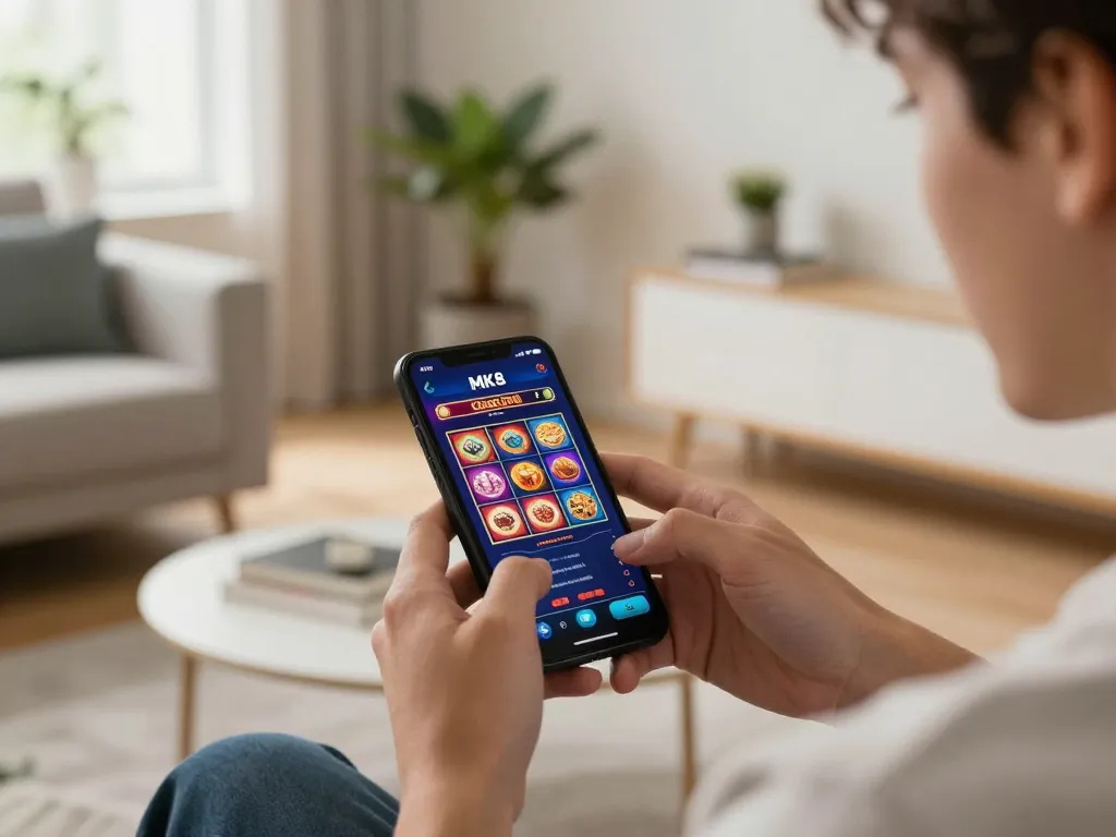 A player navigating the MK8 casino app on a smartphone, showcasing vibrant slot game graphics in a stylish home setting.