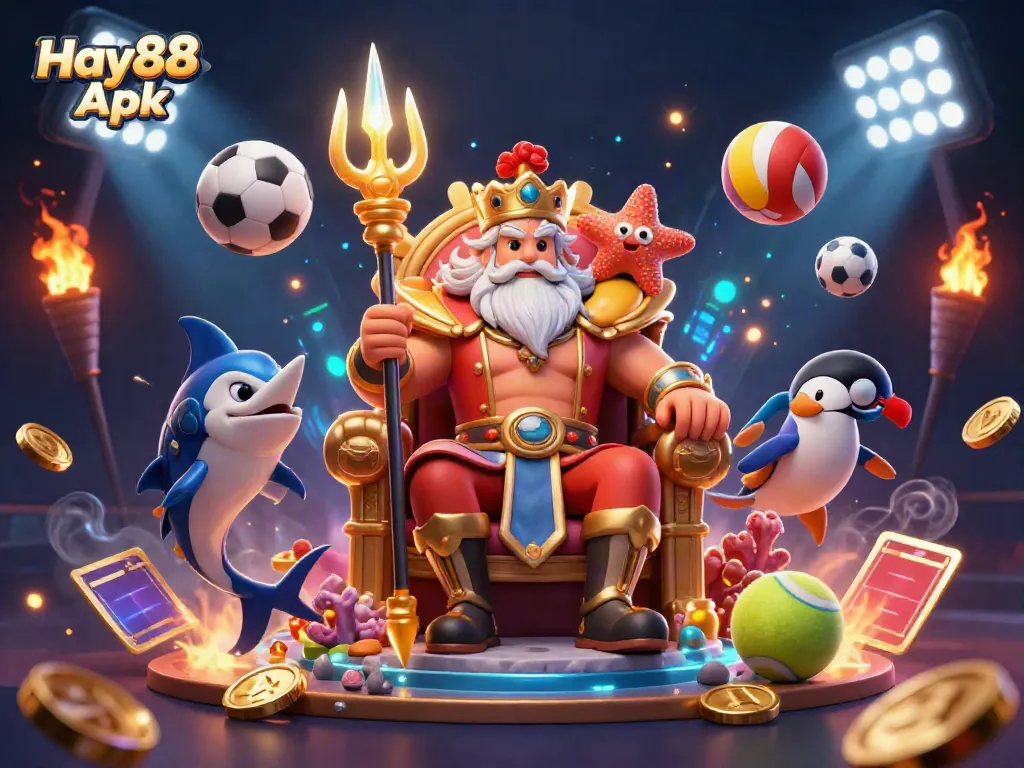 Engage with Hay88 Apk in a vibrant 3D illustration featuring casino elements with characters.