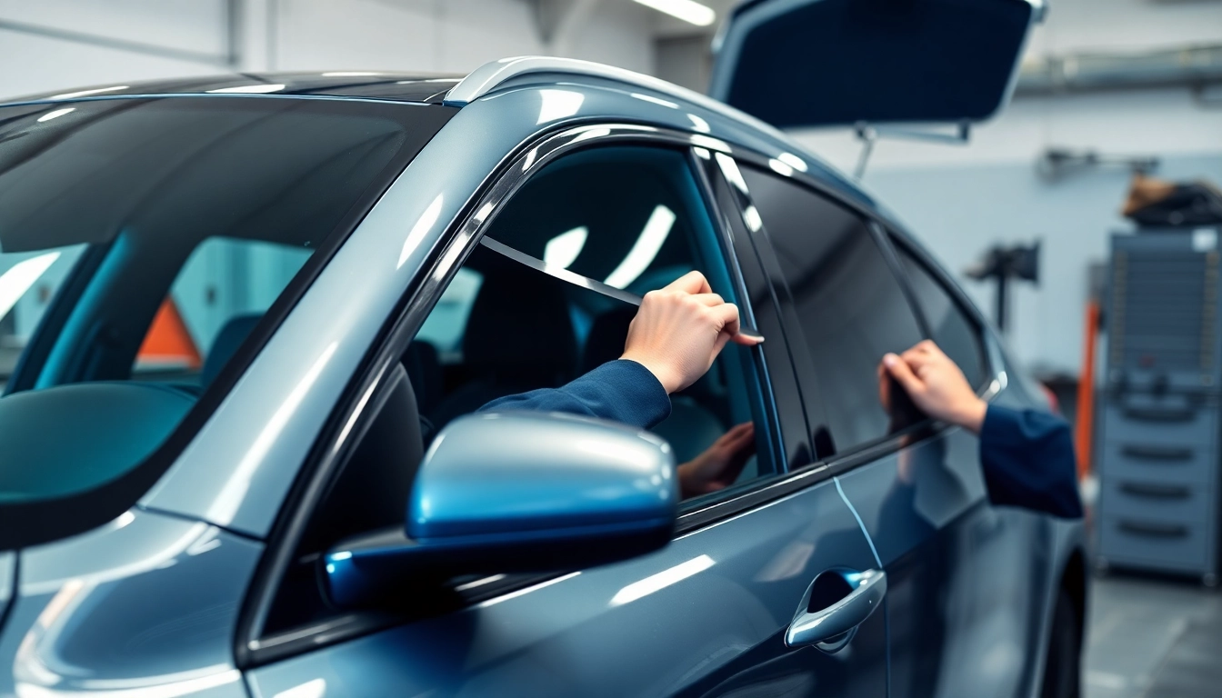 Auto window tint near me being expertly applied by a technician in a modern workshop.