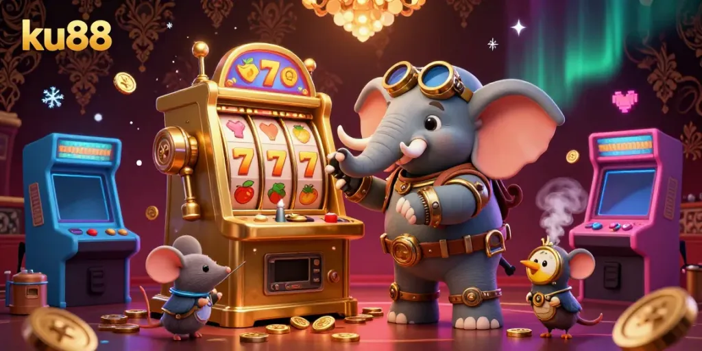 Experience incredible gaming with ku88 in this vibrant casino scene featuring a steampunk elephant engineer.