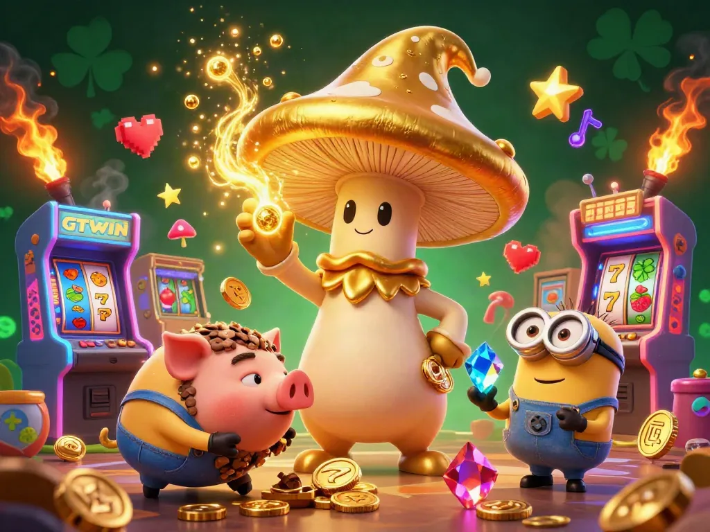 Engage with the GTWIN online casino experience featuring colorful slot reels, dynamic golden characters, and magical treasure hunts.