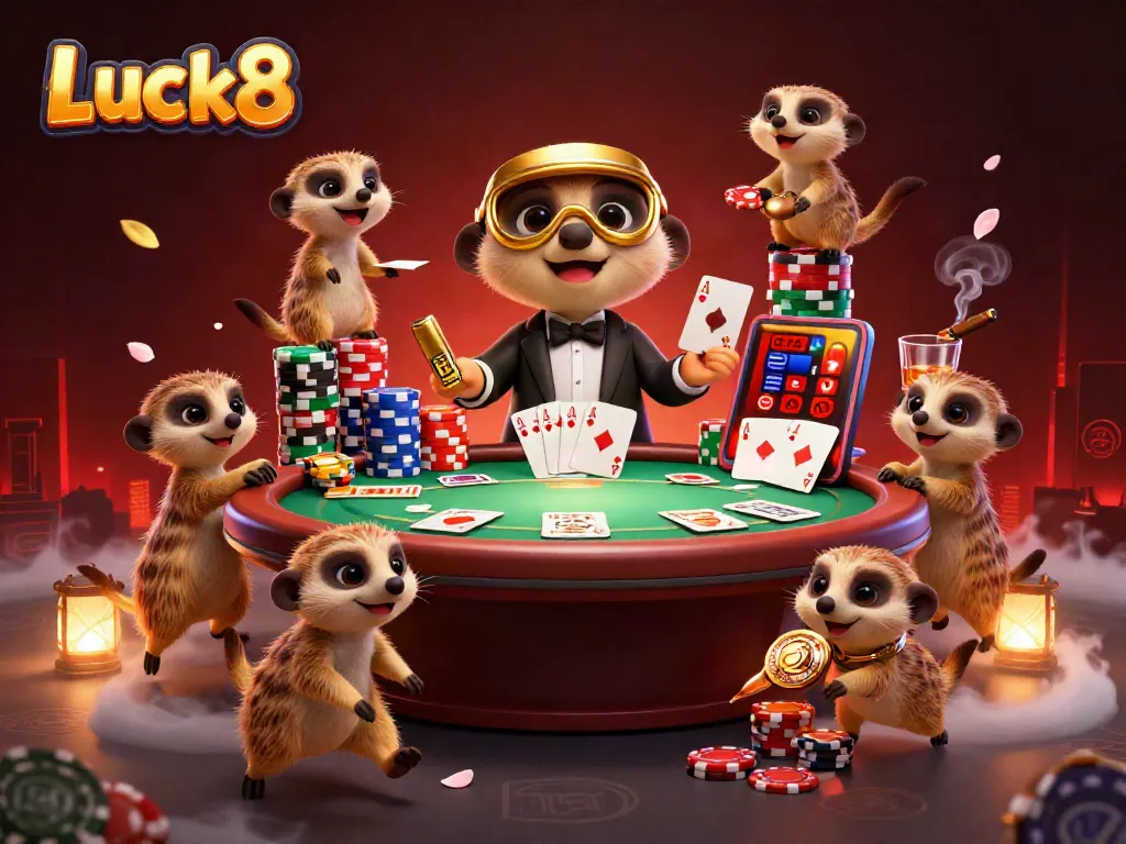 Luck8 meerkats orchestrating a vibrant casino scene filled with poker chips and dynamic game elements.