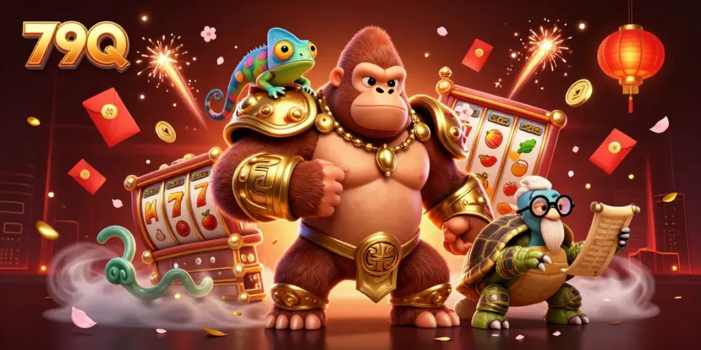 Experience thrilling slots and jackpots with the vibrant 79Q king gorilla in a dynamic gaming scene.