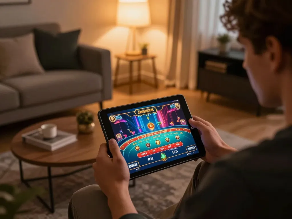 Engaging in mobile casino gaming on a tablet at home with the TR88 interface visible.