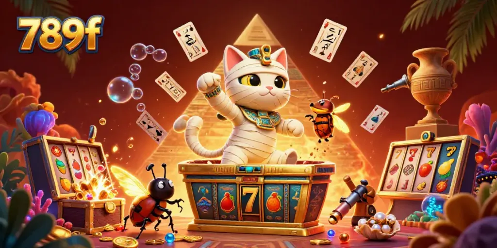 Experience the excitement of 789f casino with an Egyptian mummy cat in a vibrant pyramid setting.