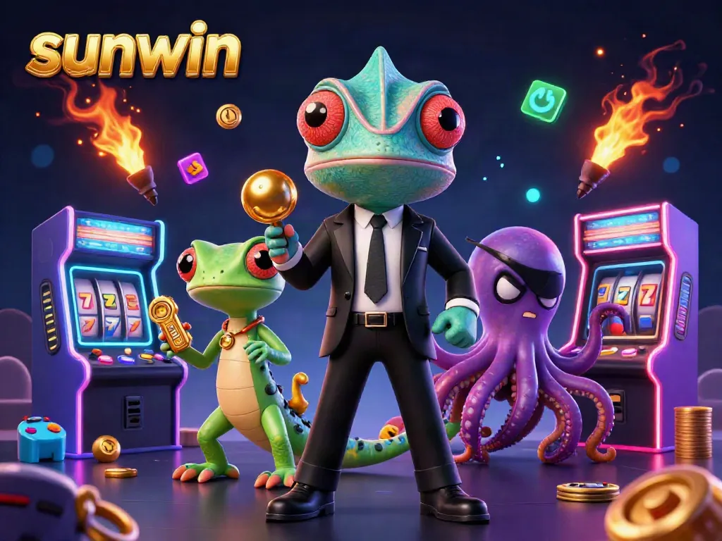 Experience the thrilling world of sunwin with a vibrant 3D casino illustration featuring dynamic characters and game elements.
