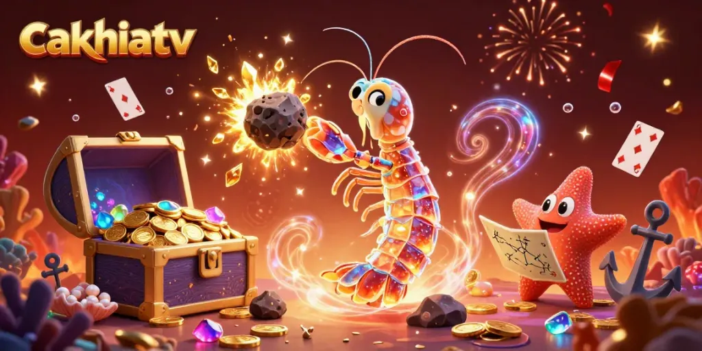 CakhiaTV celebrates winning moments with a galactic samurai mantis shrimp exploding an asteroid into gems and coins.