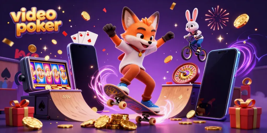 Video poker scene featuring a skateboarder fox and BMX rabbit surrounded by casino elements.