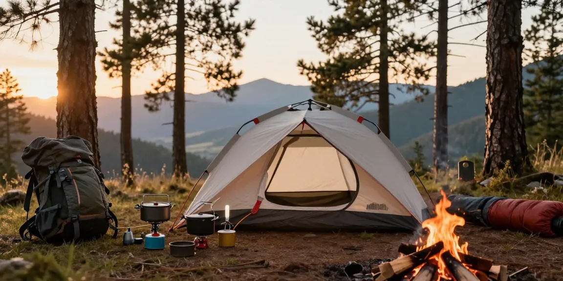 Setting up a campsite with adventure gear at https://www.anniescollections.com during a golden hour sunset.