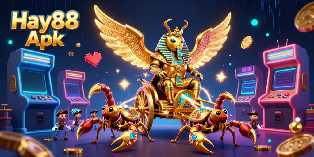 Experience the excitement of Hay88 Apk with a dynamic 3D casino illustration featuring vibrant characters and gaming elements.