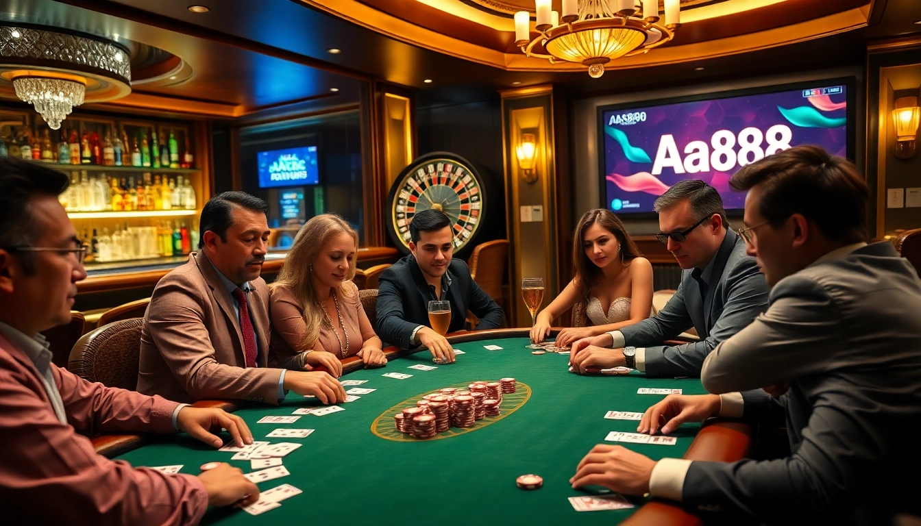 Jogadores envolvem-se intensamente na mesa de poker da aa888, demonstrando entusiasmo em uma atmosfera luxuosa de cassino.