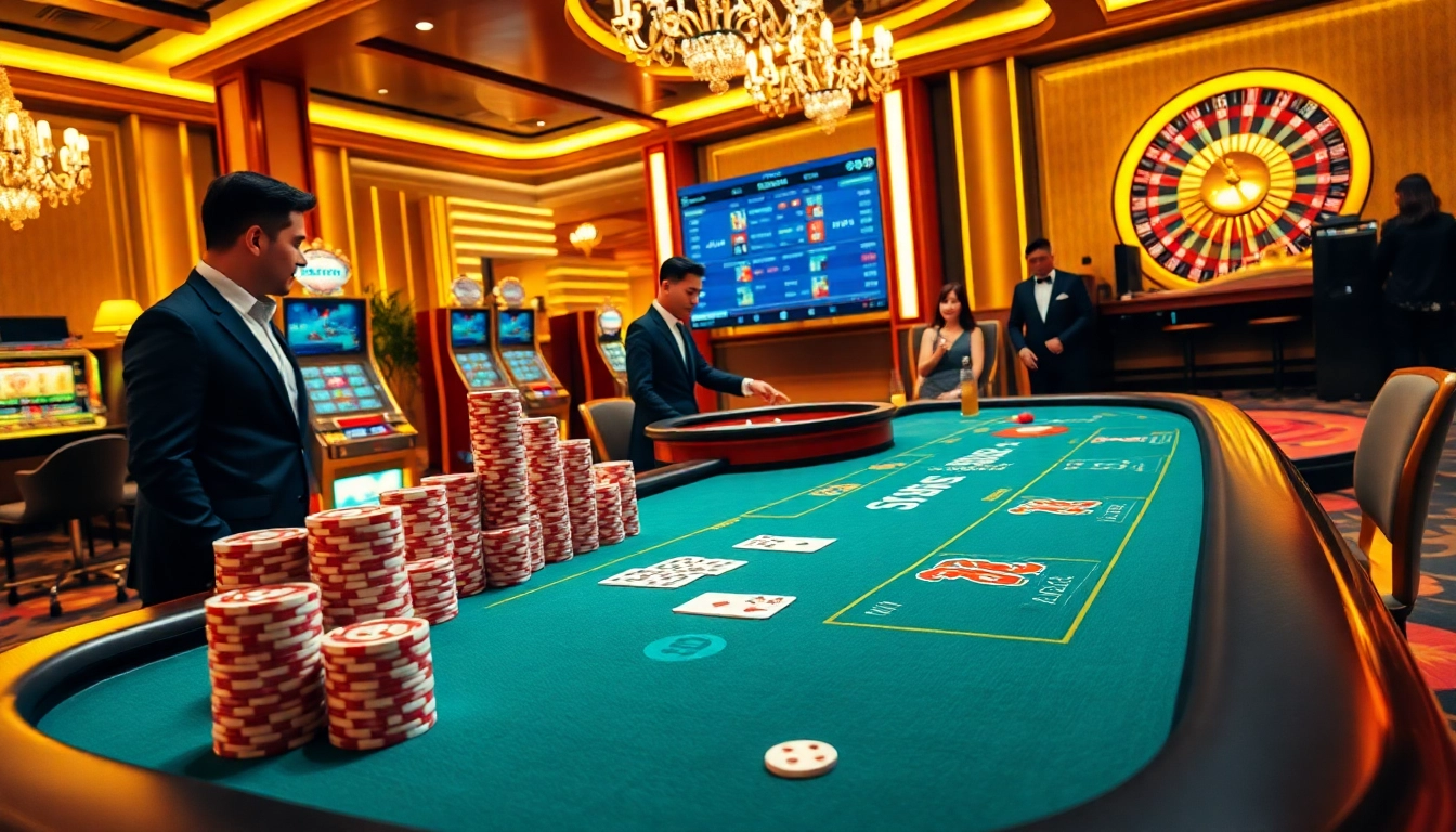 Engage in thrilling gaming at NK88 with vibrant slot machines and poker tables.