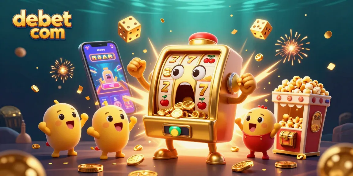 Engage with debet com's vibrant casino experience featuring an animated golden slot machine celebrating its jackpot.