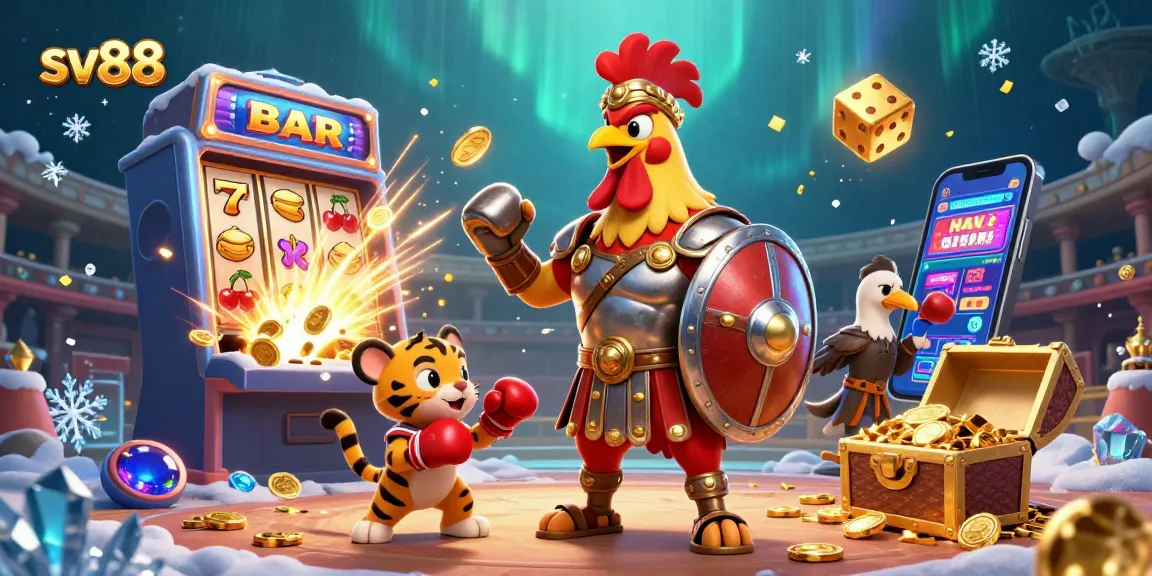 Join the excitement with sv88 as a gladiator rooster and tiger cub celebrate a casino jackpot!