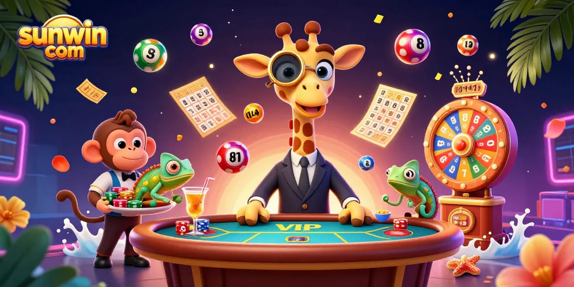 Experience exciting gameplay with sunwin com, featuring vibrant characters like a high-roller giraffe and a monkey valet.