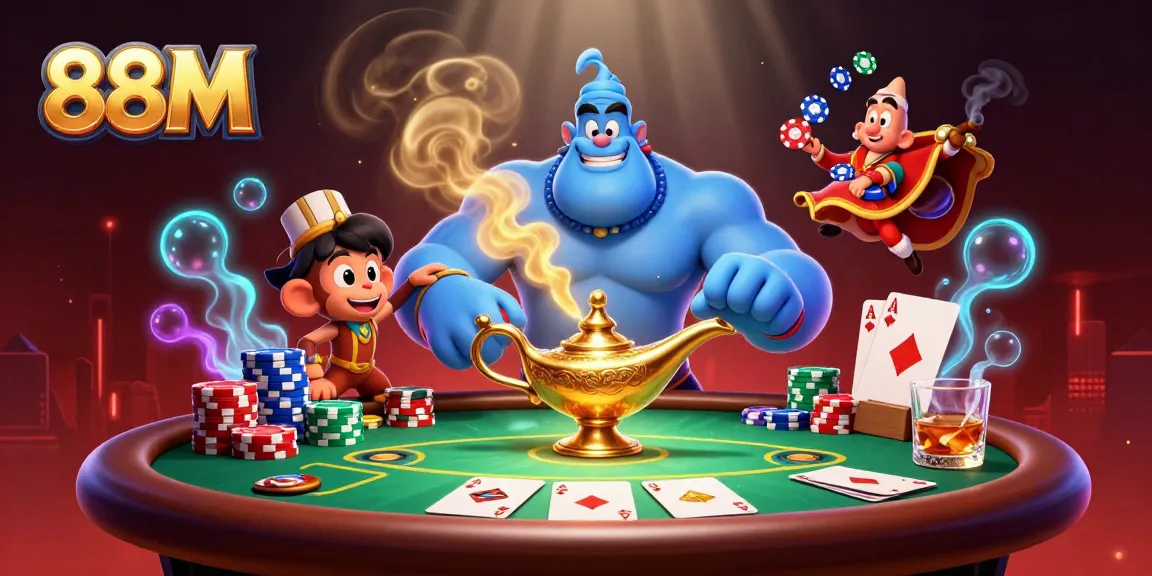 Join the fun at 88M with a vibrant casino scene featuring poker elements and magical characters.