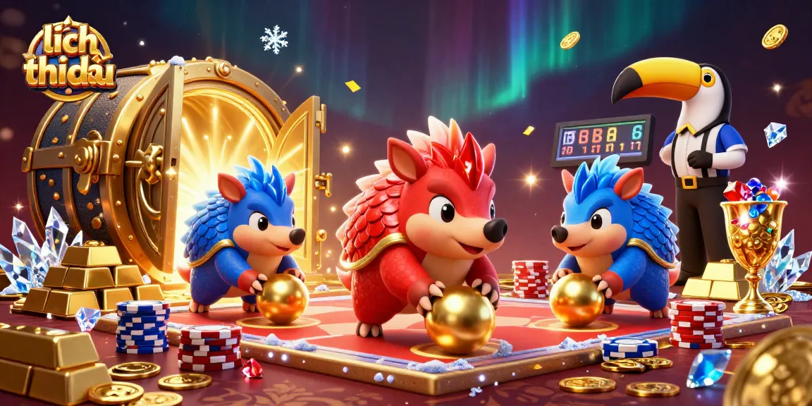 Lịch thi đấu graphic showcasing pangolins in casino action, surrounded by golden treasures and vibrant casino elements.