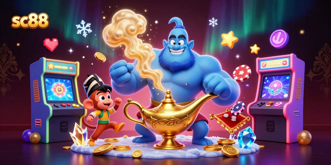 Engage with the vibrant world of sc88, featuring a muscular blue genie, monkey, and poker chips in a dynamic casino setting.