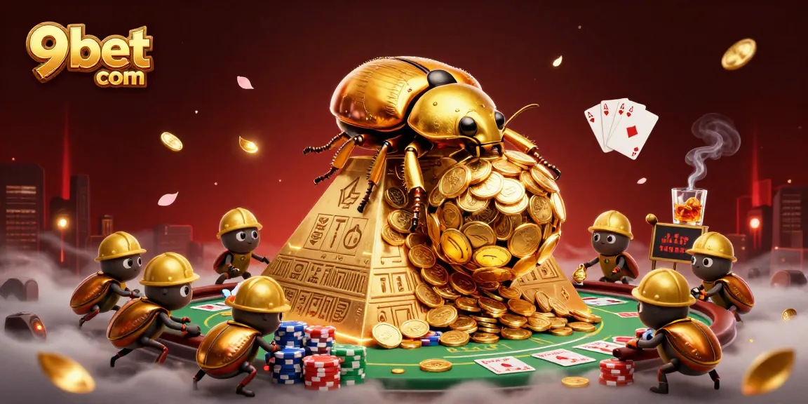 Experience excitement with 9bet com as a golden beetle rolls coins on a vibrant casino pyramid.