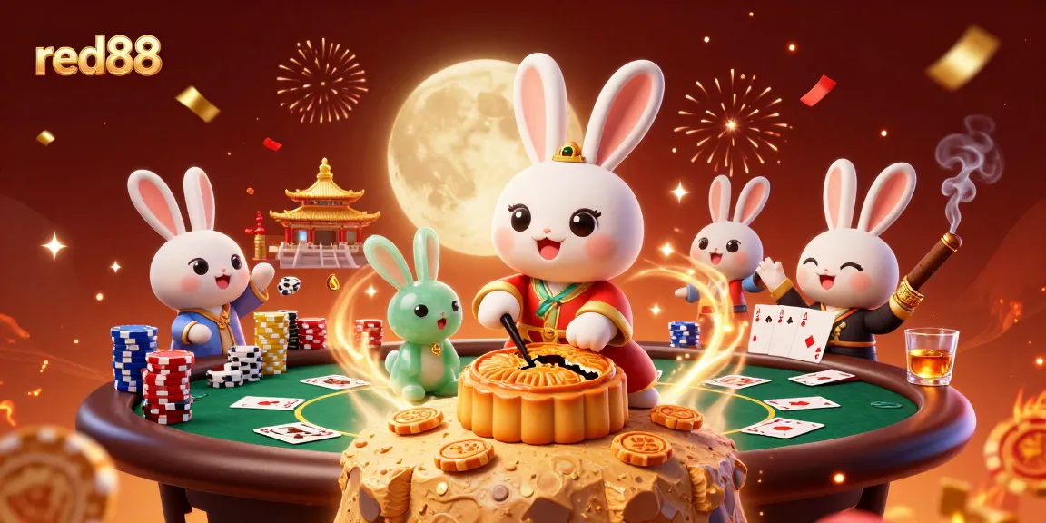 Spin the reels with red88 as the moon rabbit pounds mooncakes, revealing poker chips inside.