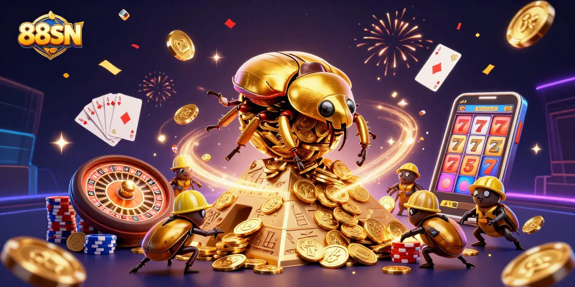 Engage with thrilling games at 88SN while enjoying a vibrant 3D casino experience featuring golden coins and roulette.