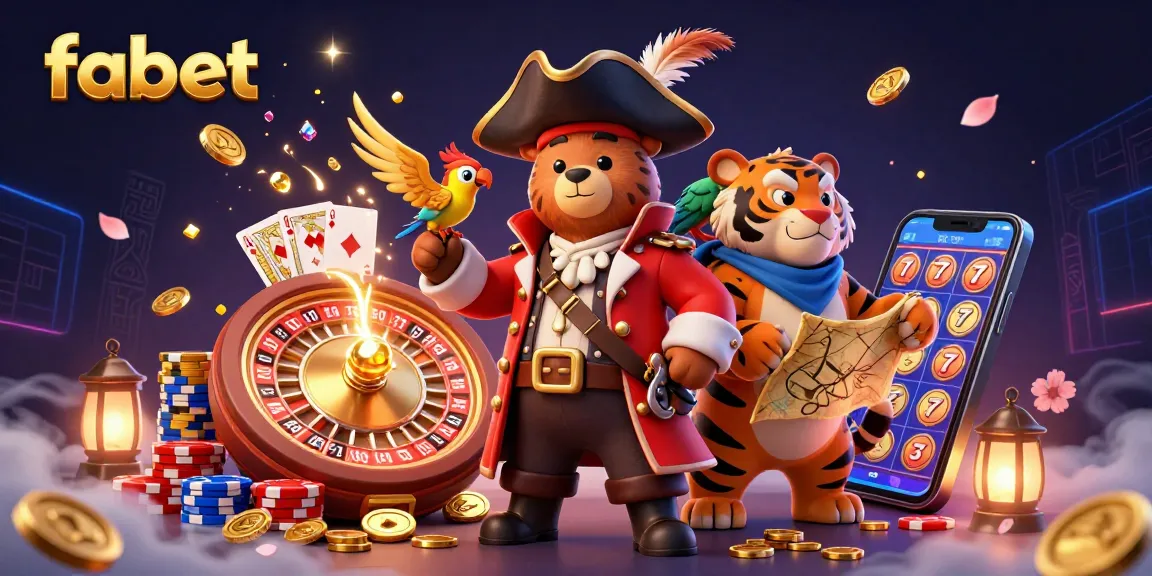 Engage with fabet's vibrant 3D casino scene featuring a pirate bear and a tiger amidst roulette and poker action.