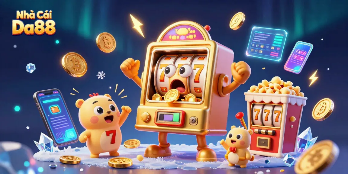 Experience the excitement of Nhà Cái Da88 as the golden slot machine celebrates its jackpot surrounded by crypto elements.