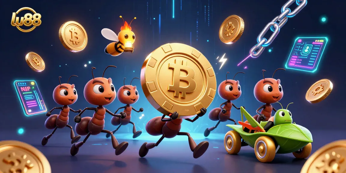 lu88 ants executing a heist for a golden poker chip amidst neon crypto elements