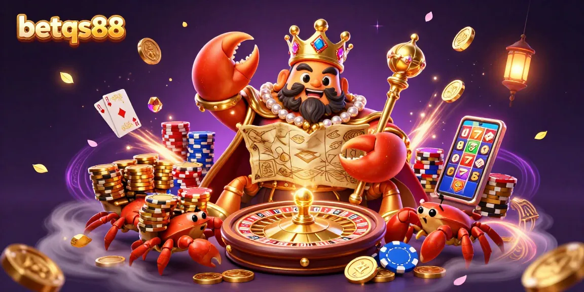 Experience the thrill of betqs88 with a golden crab emperor, treasure maps, and dazzling casino elements.