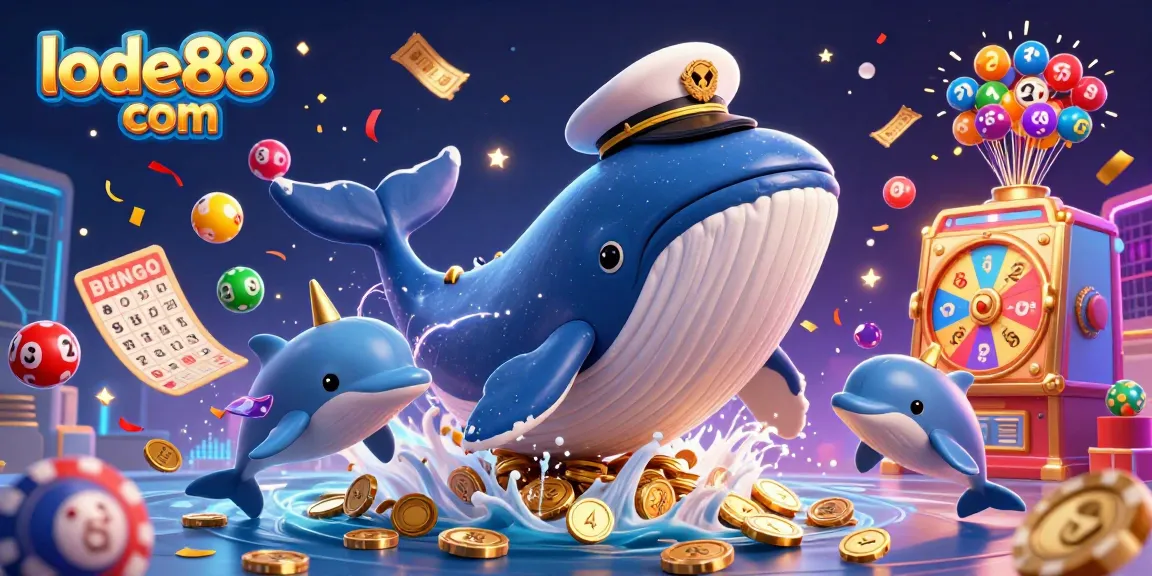 Engage with lode88 com at a vibrant underwater casino scene featuring a whale, narwhal, and dolphins.