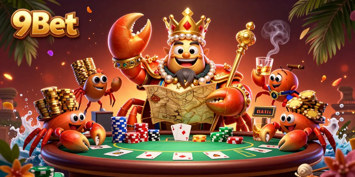 Experience the thrill of 9Bet with a gold crab emperor, poker chips, and cards in a vibrant casino scene.