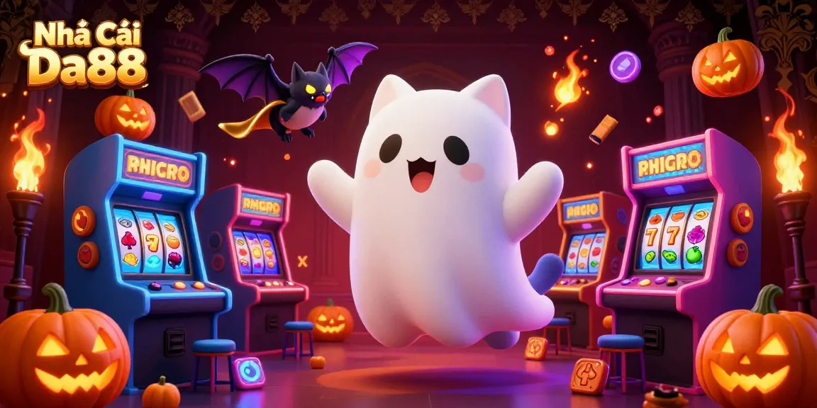 Engaging scene with Nhà Cái Da88 as friendly ghost cat and vampire bat explore haunted casino.