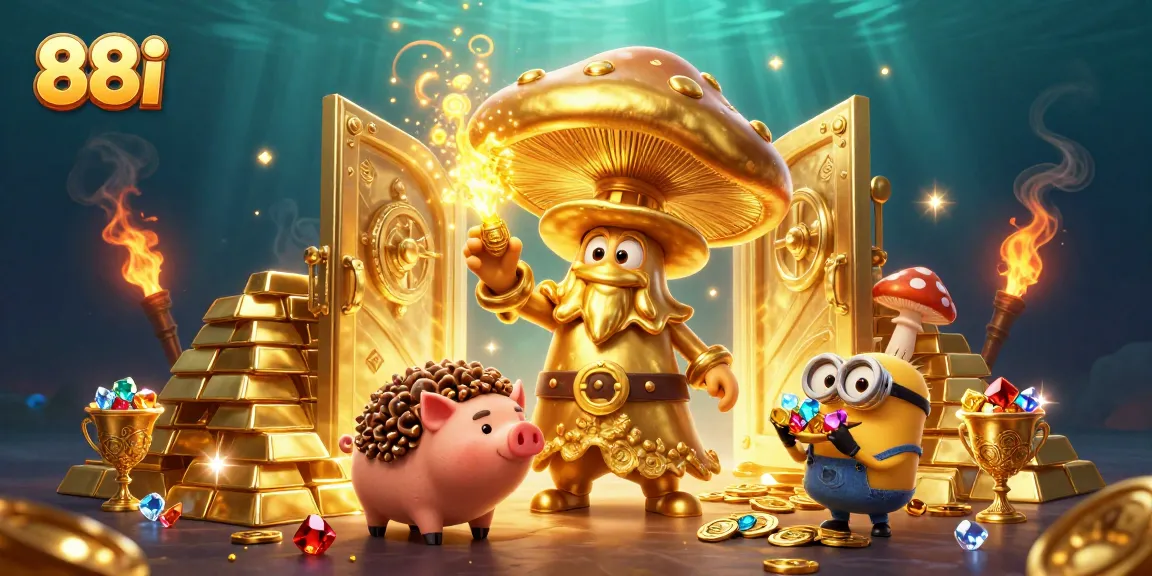 Experience excitement at 88i with a golden wizard and treasure-filled scene full of gems.