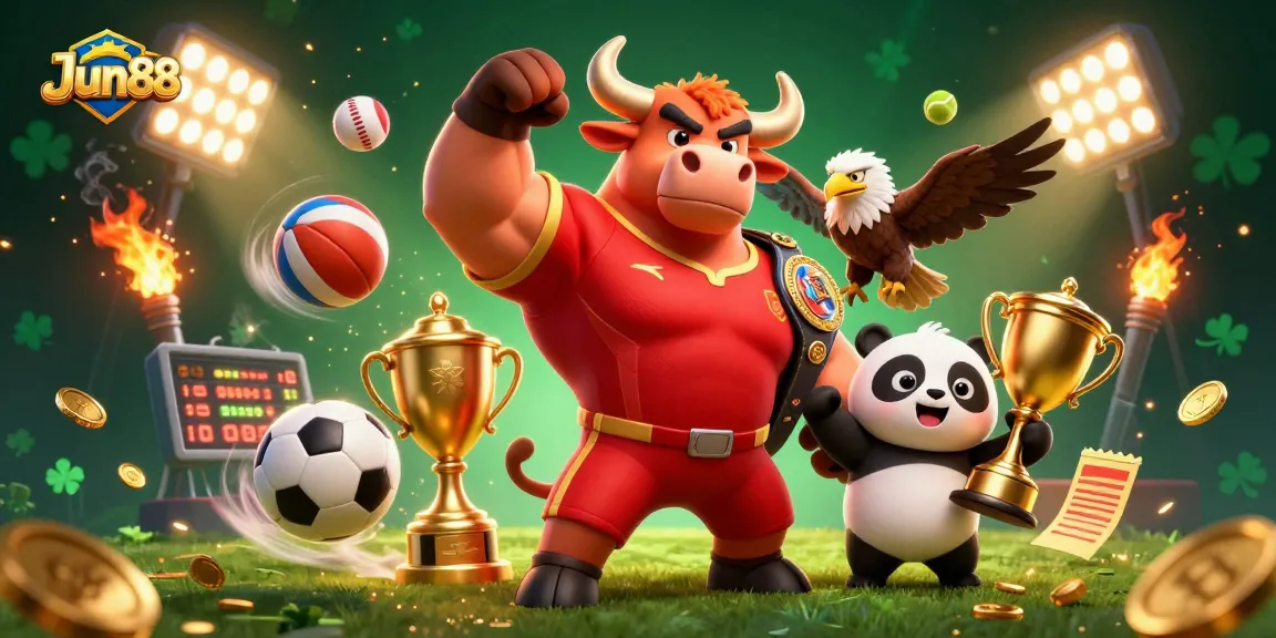 Experience excitement at Jun88 with vibrant gaming characters celebrating victory amidst dynamic sports elements.