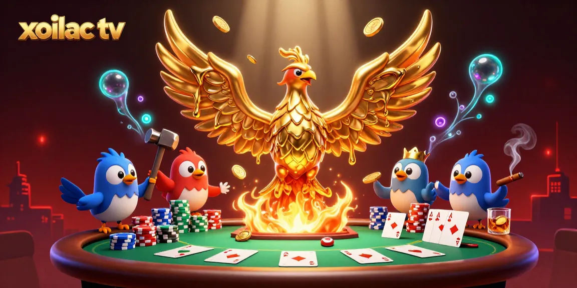 Experience thrilling action with xoilac tv's golden phoenix and poker elements in a vibrant 3D scene.