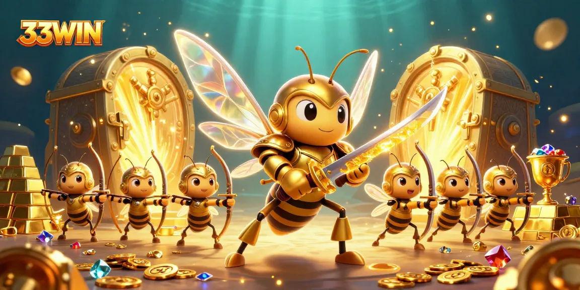 Bet and win big at 33WIN with vibrant 3D illustration showcasing casino treasures and arcane warriors.