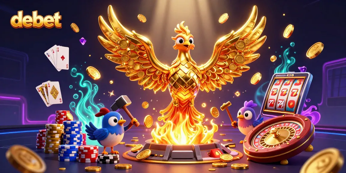 Engage with debet through a vibrant casino scene showcasing golden phoenix, chips, and winning cards.