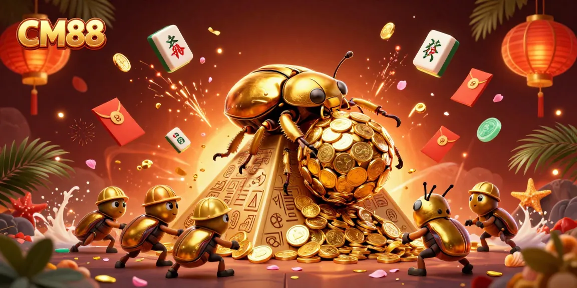 Experience the excitement of CM88 with a golden dung beetle rolling coins and vibrant casino elements.