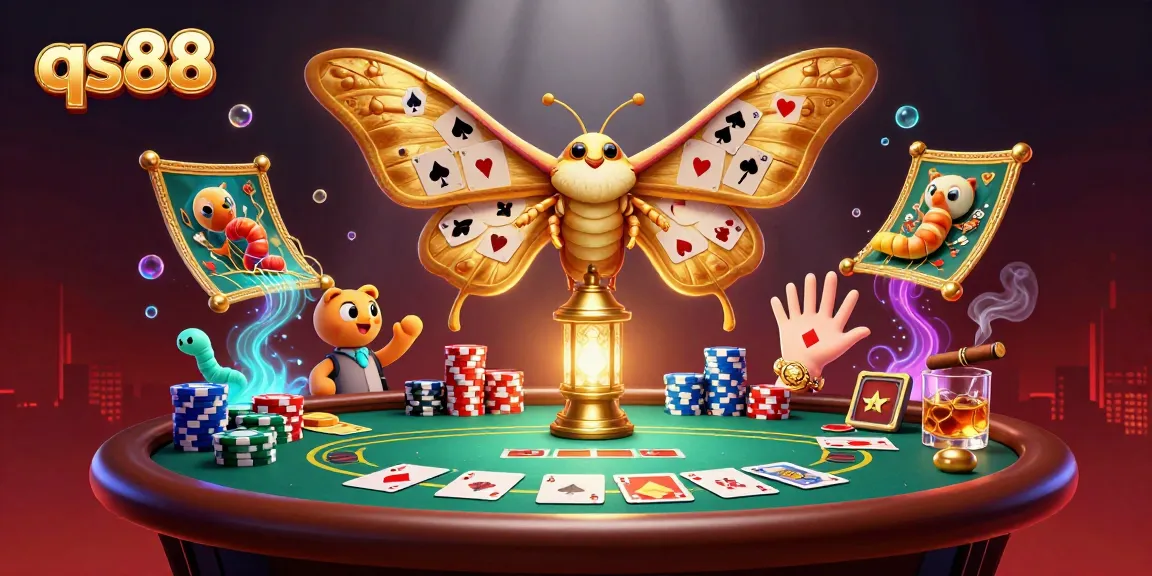 Experience thrilling poker action with qs88, featuring an atlas moth and golden chips in a vibrant casino scene.