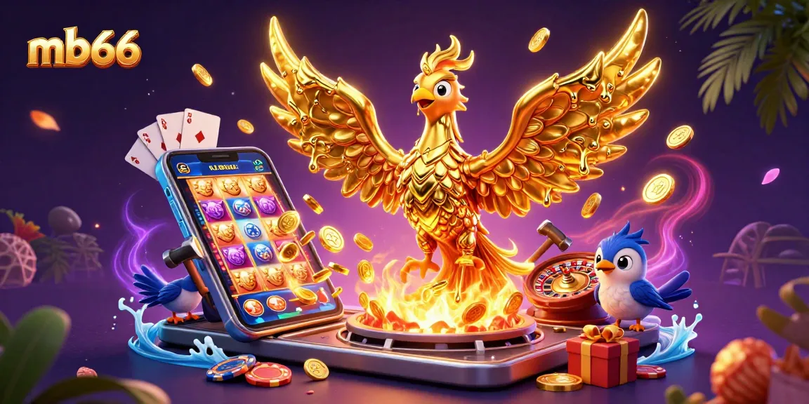 mb66, a golden phoenix emerges from a forge, surrounded by dynamic casino game elements and vibrant energy