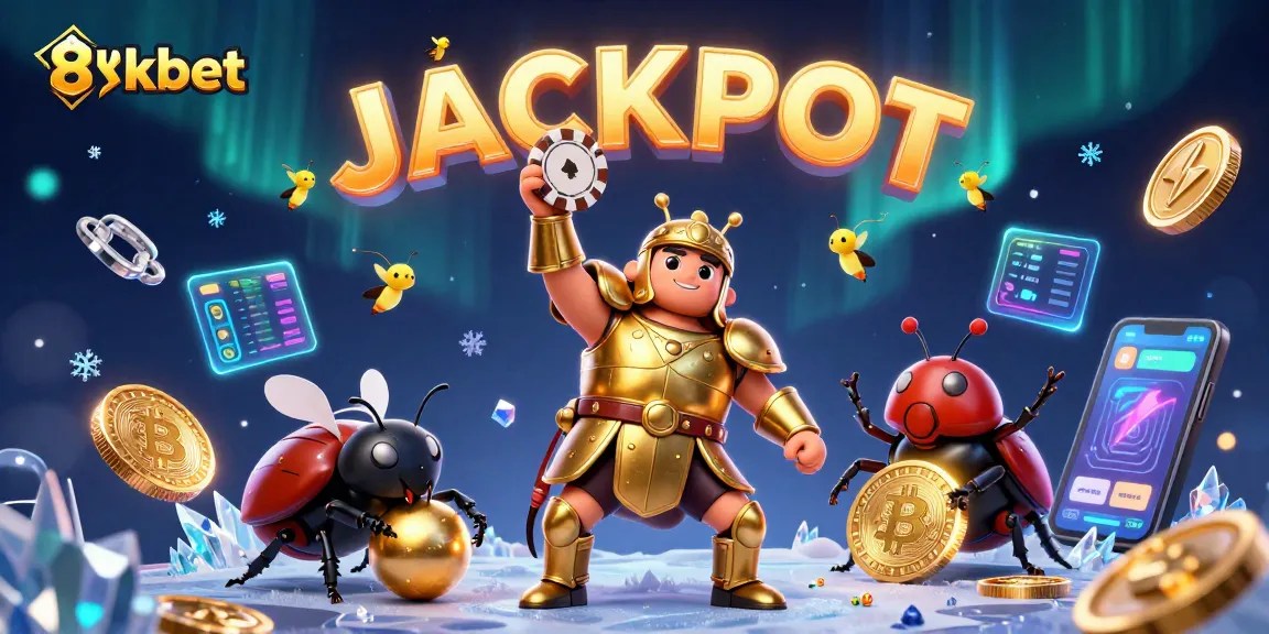8xbet jackpot scene featuring a victorious beetle character amidst dynamic casino elements.