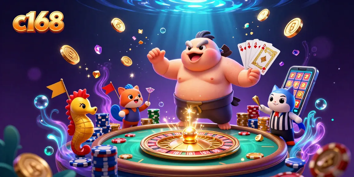 c168 casino action featuring a blowfish in a sumo belt surrounded by gold coins and gems.