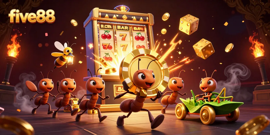 Engage with five88's thrilling action as ants pull off a heist with golden poker chips in a vibrant casino scene.