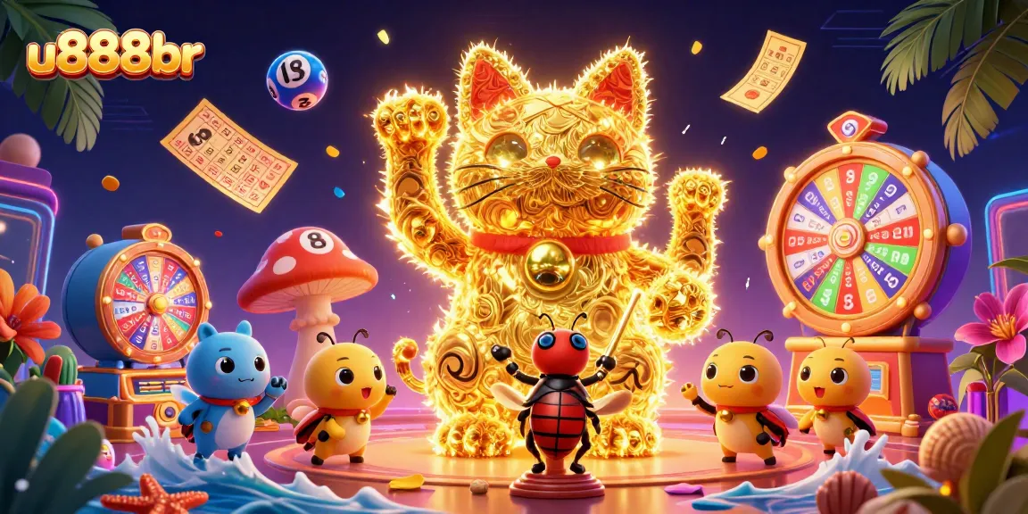 Engaging visual of the u888br online casino, showcasing a vibrant lucky cat surrounded by lottery balls and prizes.