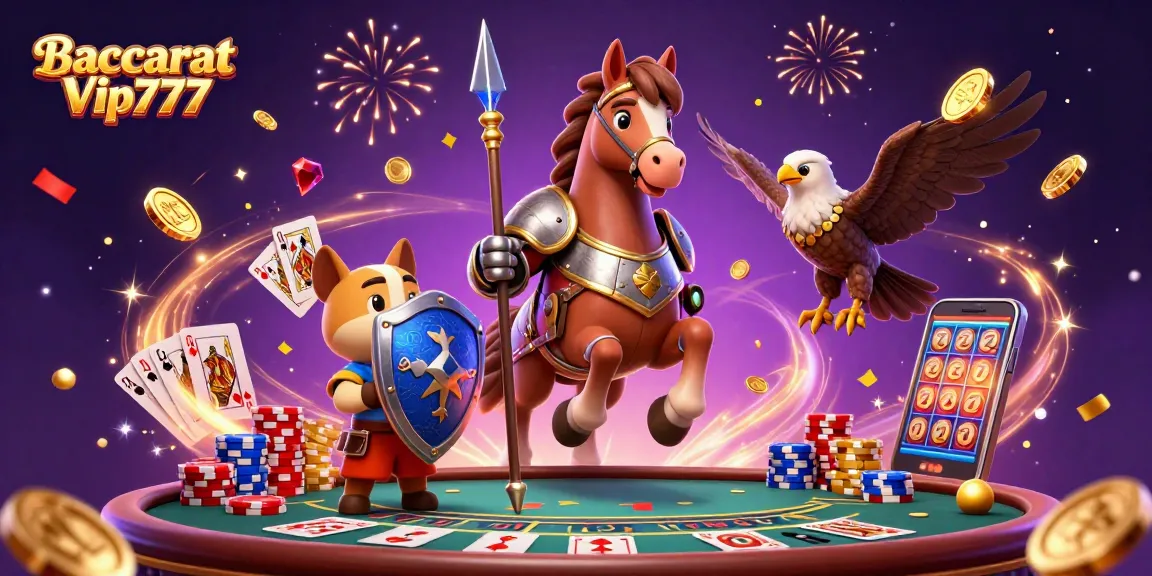 Baccarat Vip777 showcases an engaging 3D scene with knight, puppy, and falcon amidst vibrant casino elements.