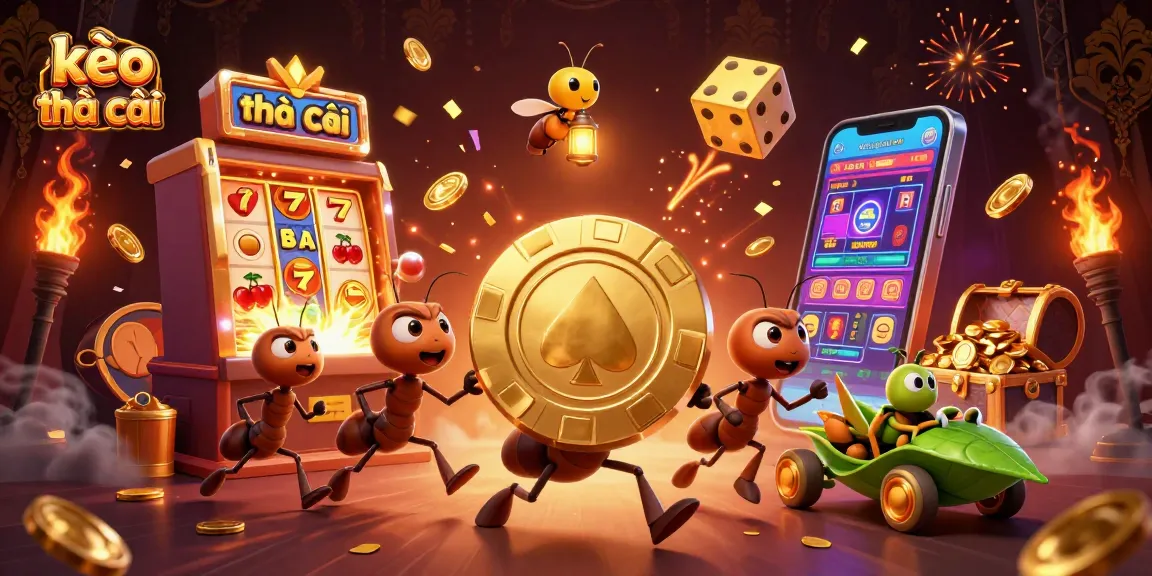 Experience kèo nhà cái action with a vibrant heist scene featuring cartoon ants, golden chips, and casino elements.