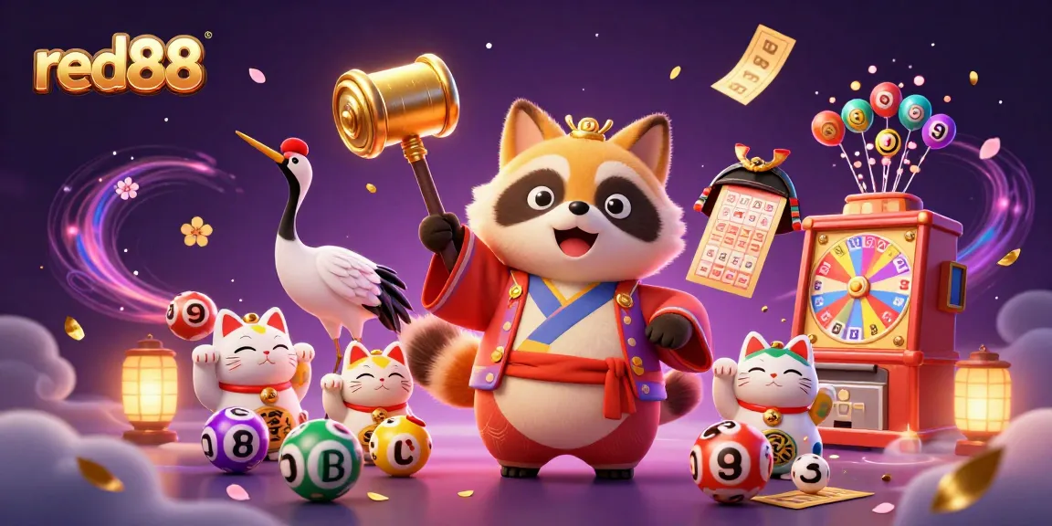 Experience the vibrant red88 casino world with a cheerful tanuki and lucky symbols in a dynamic 3D illustration.