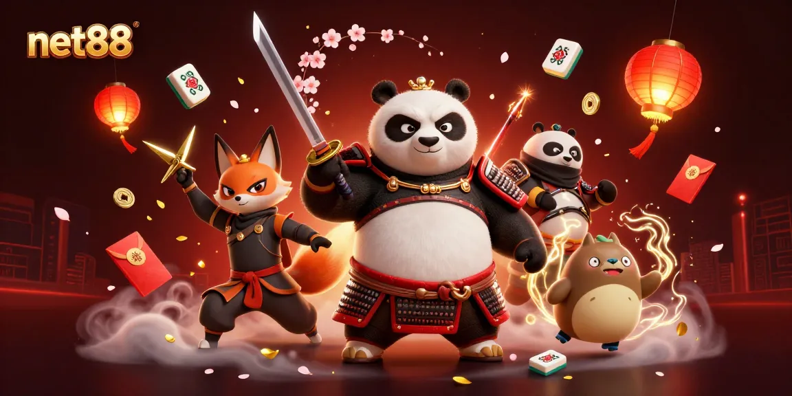 Engage with net88's vibrant gaming scene, featuring samurai panda and mystical companions among floating casino elements.