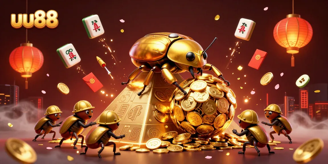 Experience thrilling gaming with uu88, featuring a golden beetle rolling coins and vibrant casino elements.
